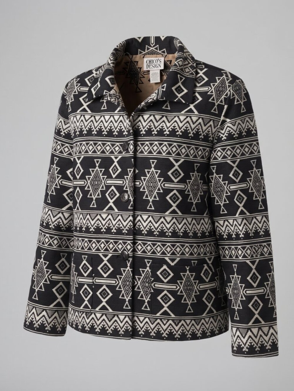 Chico's Black & Cream Aztec Geometric Woven Jacket Button Up Size 0 (S/M)